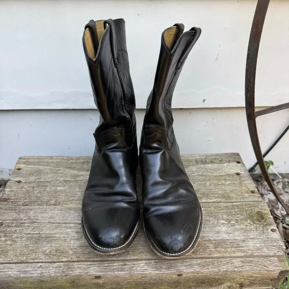 Justin Black Roper Round Toe Cowboy Western Leather Boots Style 3133 Size 9.5D
